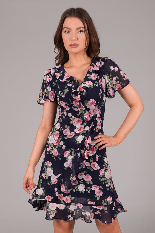 Floral Chiffon Wrap Frill Dress - Navy