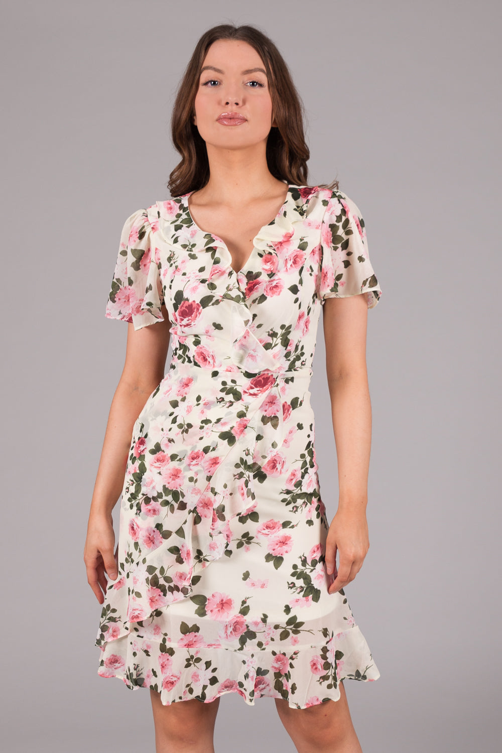 Floral Chiffon Wrap Frill Dress - White