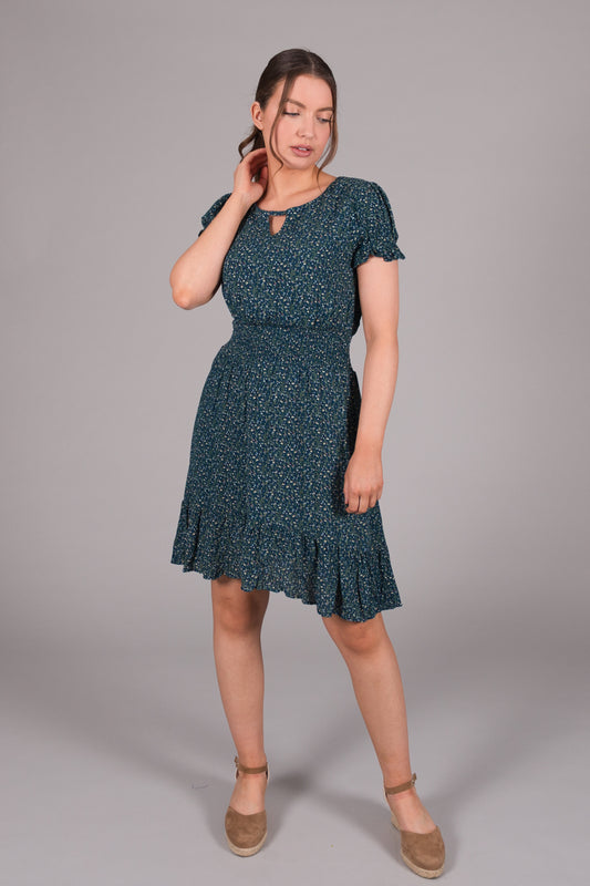 Ditsy Print Smock Waist Dress - Blue