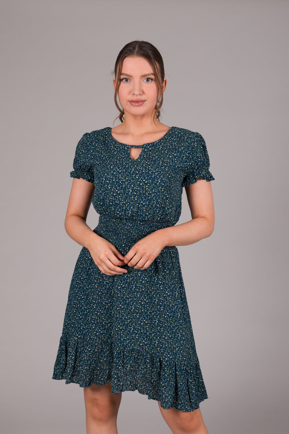 Ditsy Print Smock Waist Dress - Blue