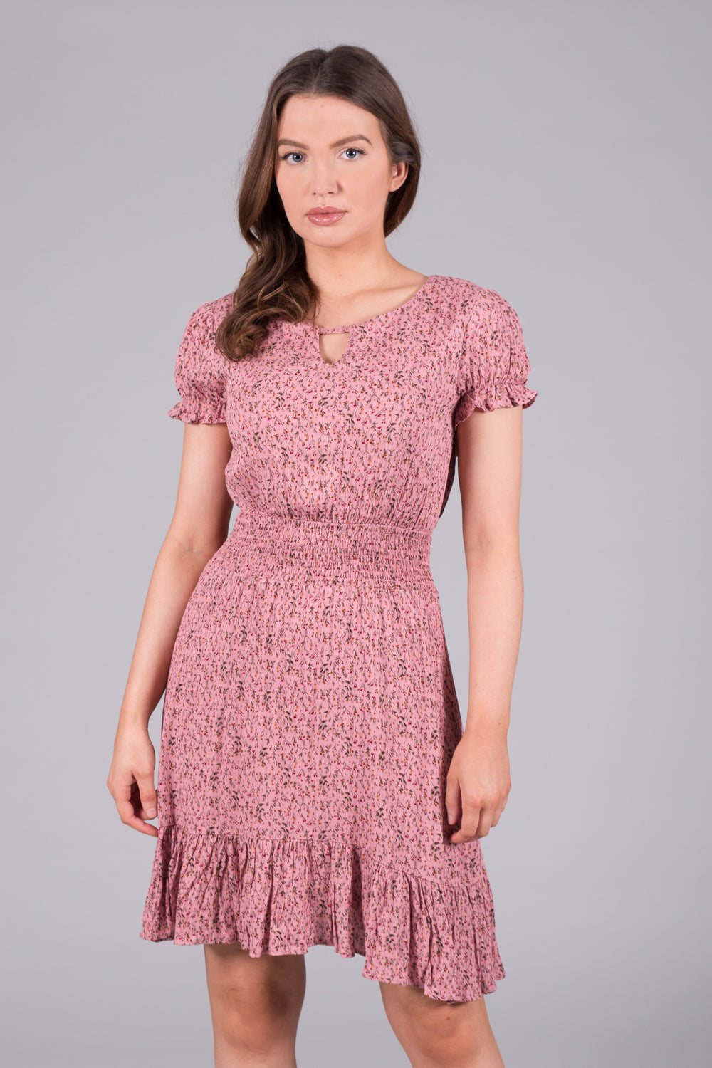 Ditsy Print Smock Waist Dress - Pink