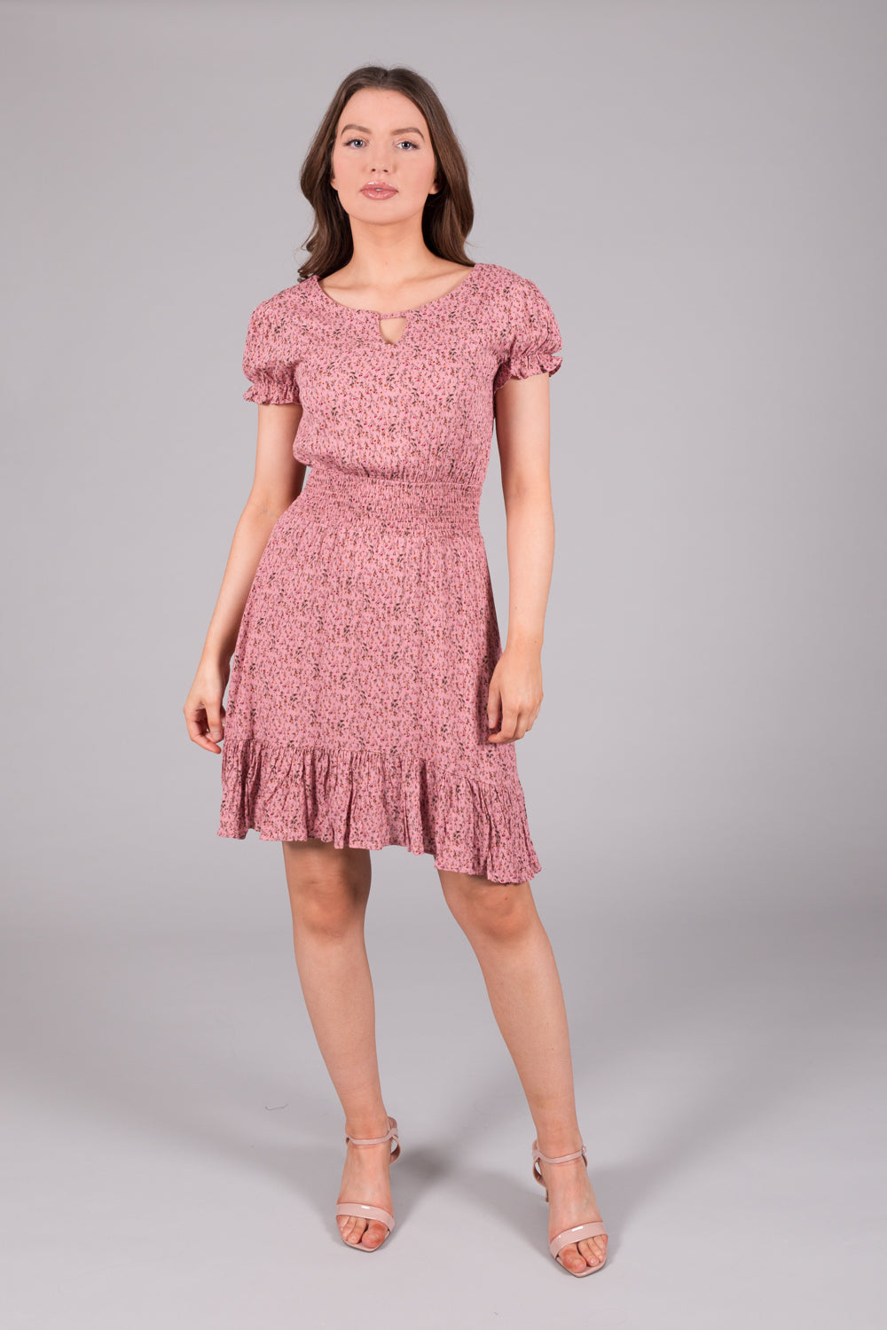 Ditsy Print Smock Waist Dress - Pink