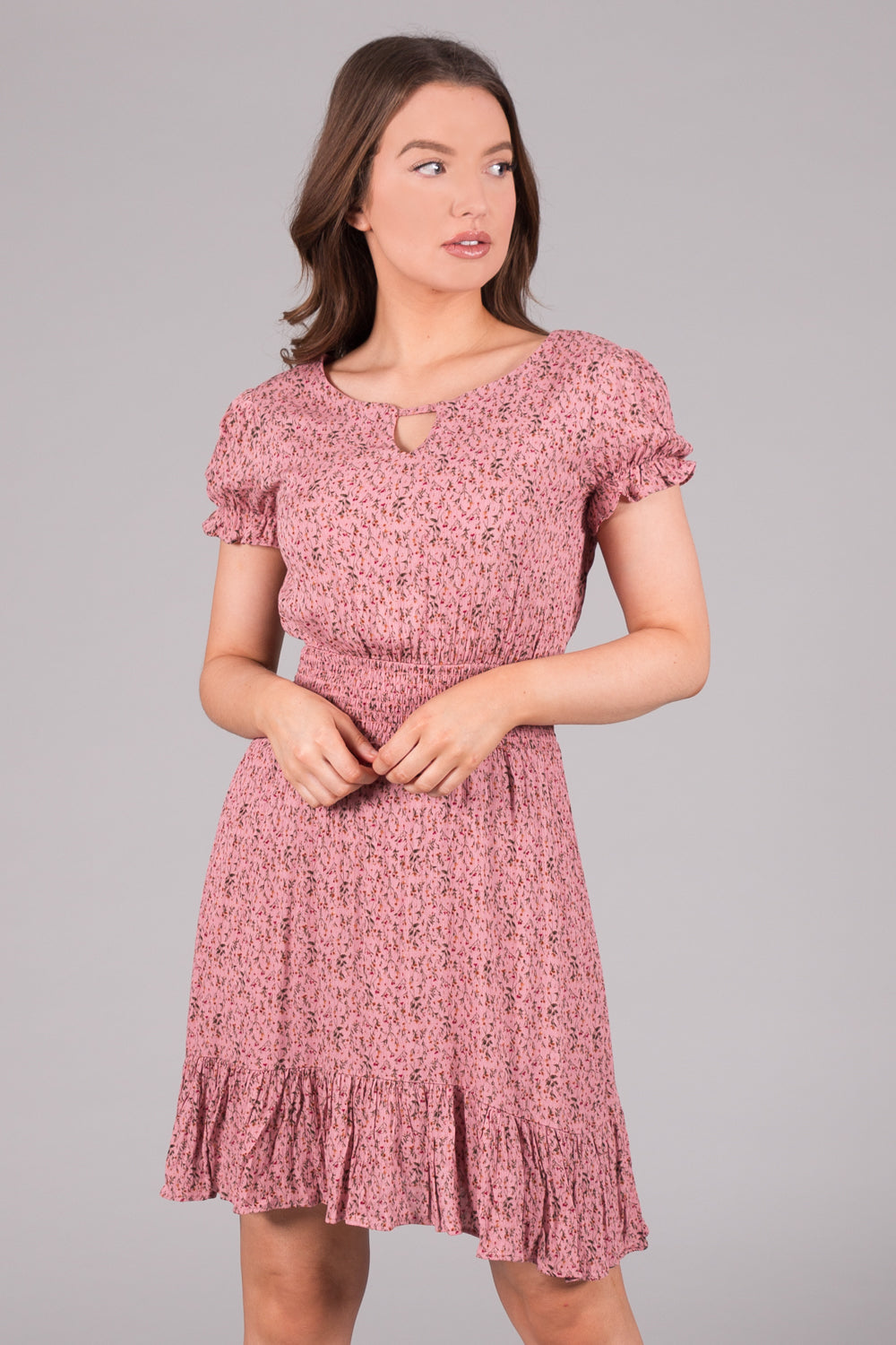 Ditsy Print Smock Waist Dress - Pink