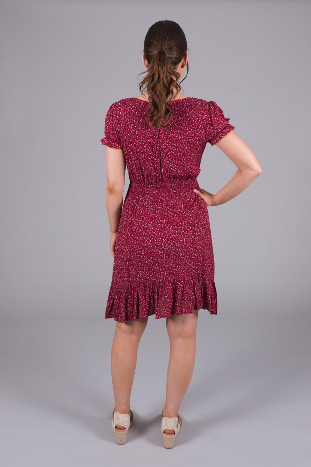 Ditsy Print Smock Waist Dress - Red