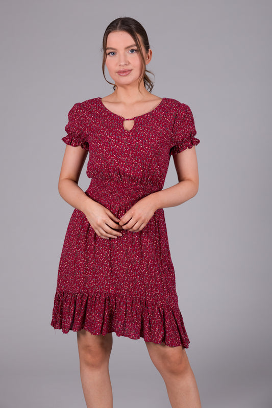 Ditsy Print Smock Waist Dress - Red