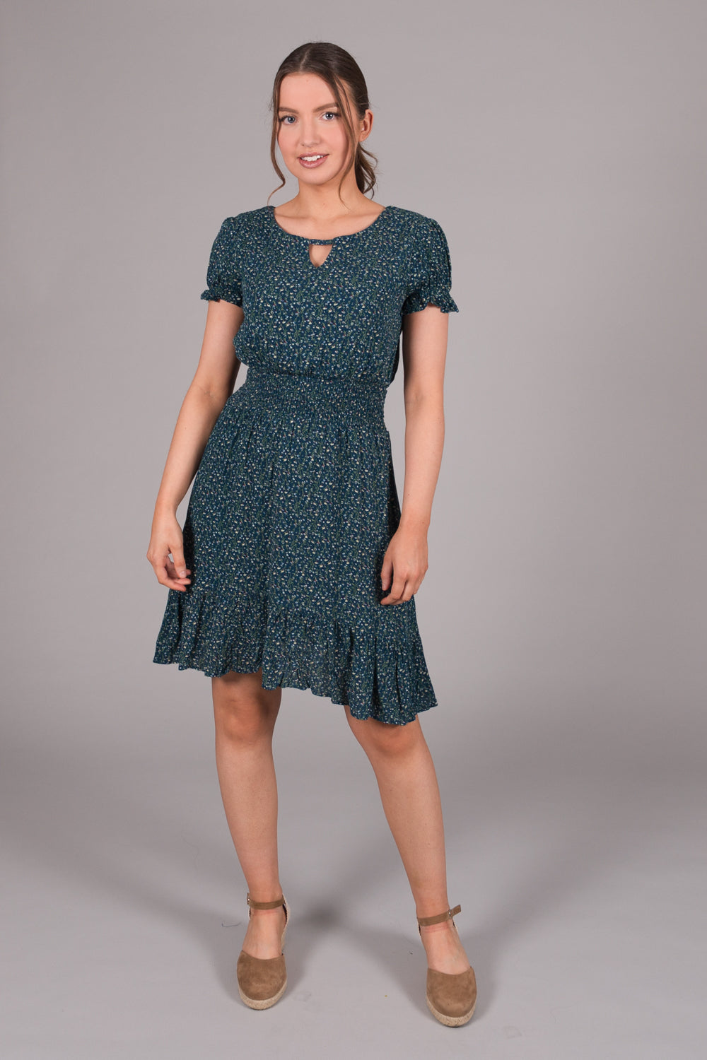 Ditsy Print Smock Waist Dress - Blue