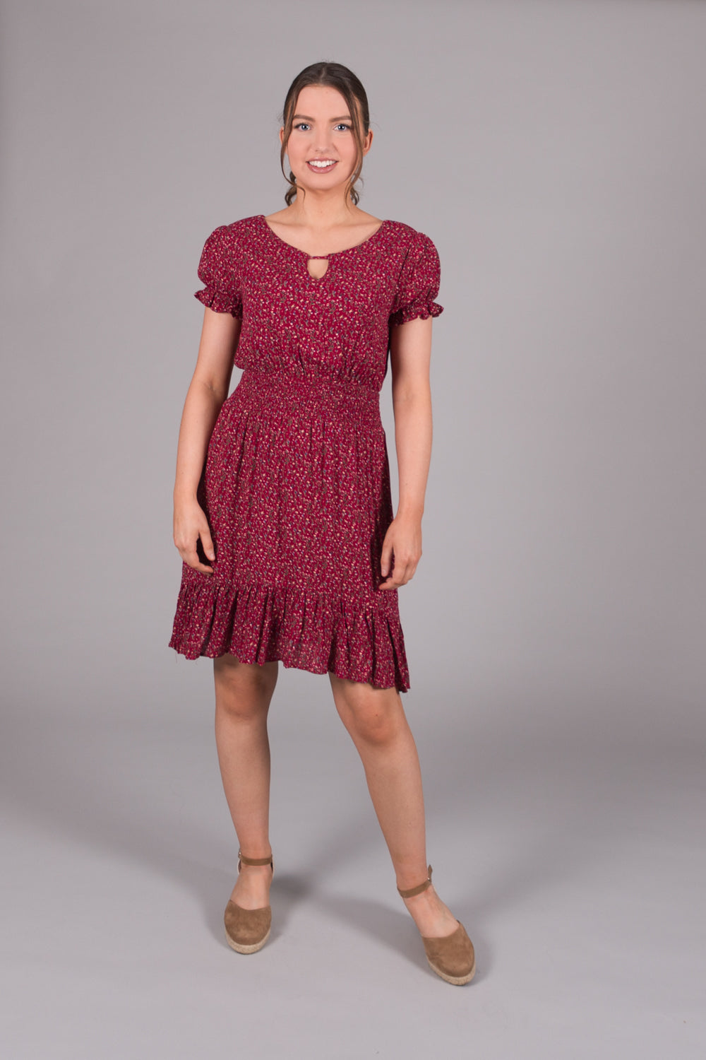 Ditsy Print Smock Waist Dress - Red