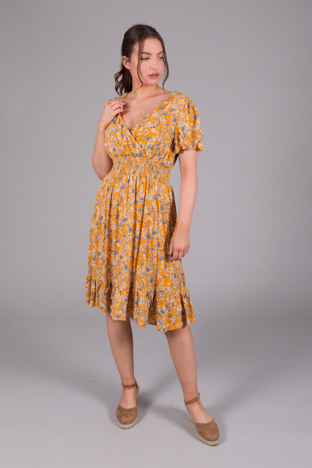 Ditsy Print Wrap Dress - Mustard