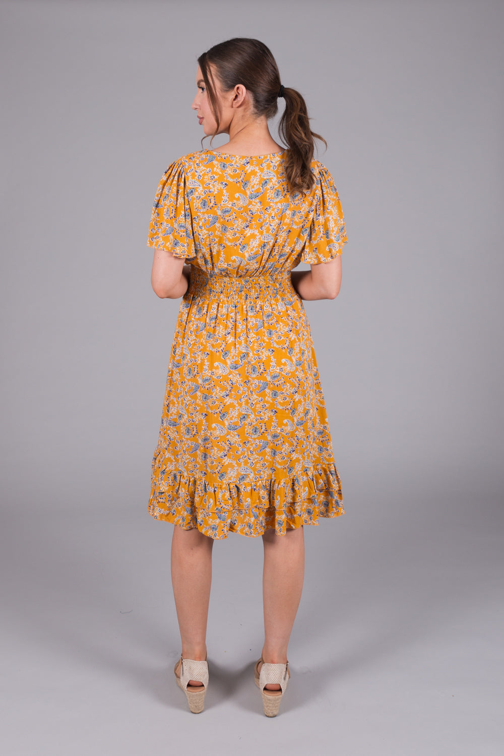 Ditsy Print Wrap Dress - Mustard