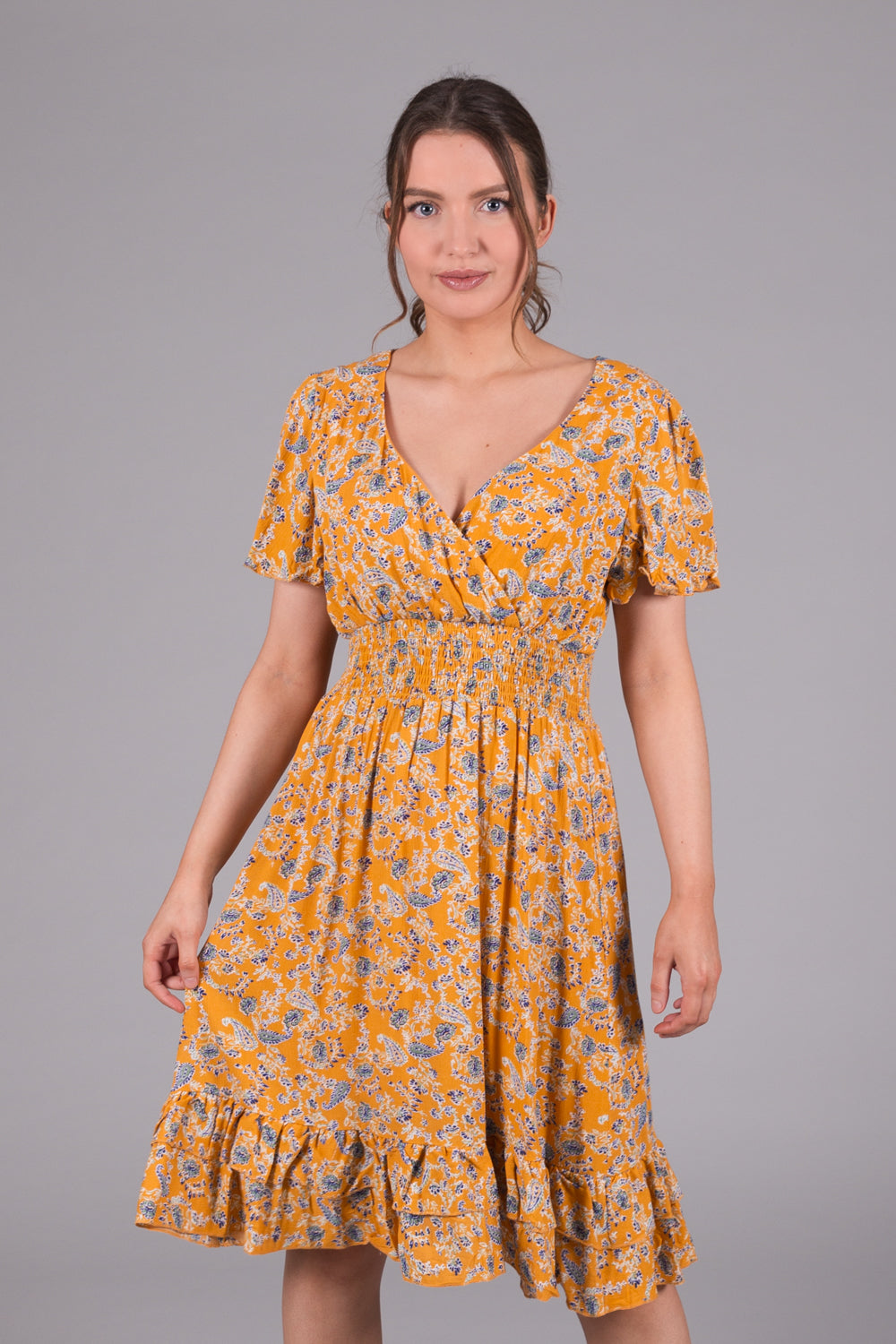 Ditsy Print Wrap Dress - Mustard