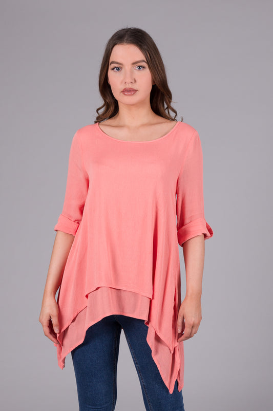 Dipped Hem Layered Top - Coral