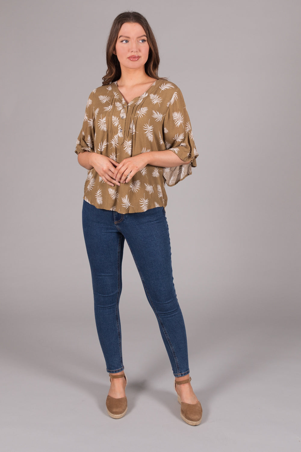 Fern Leaf Print Top - Khaki