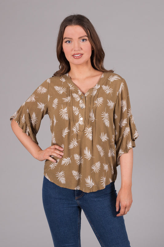 Fern Leaf Print Top - Khaki