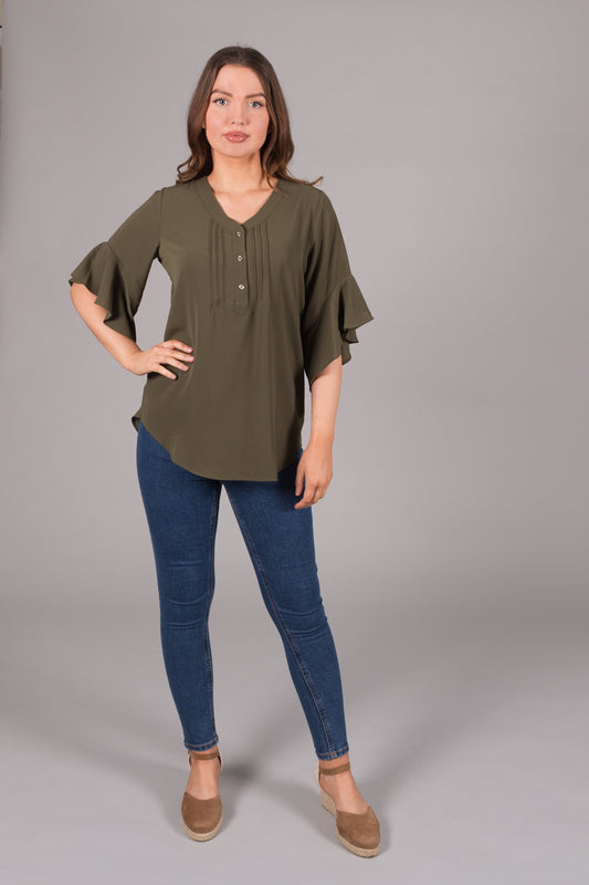 V-Neck Button Top - Khaki