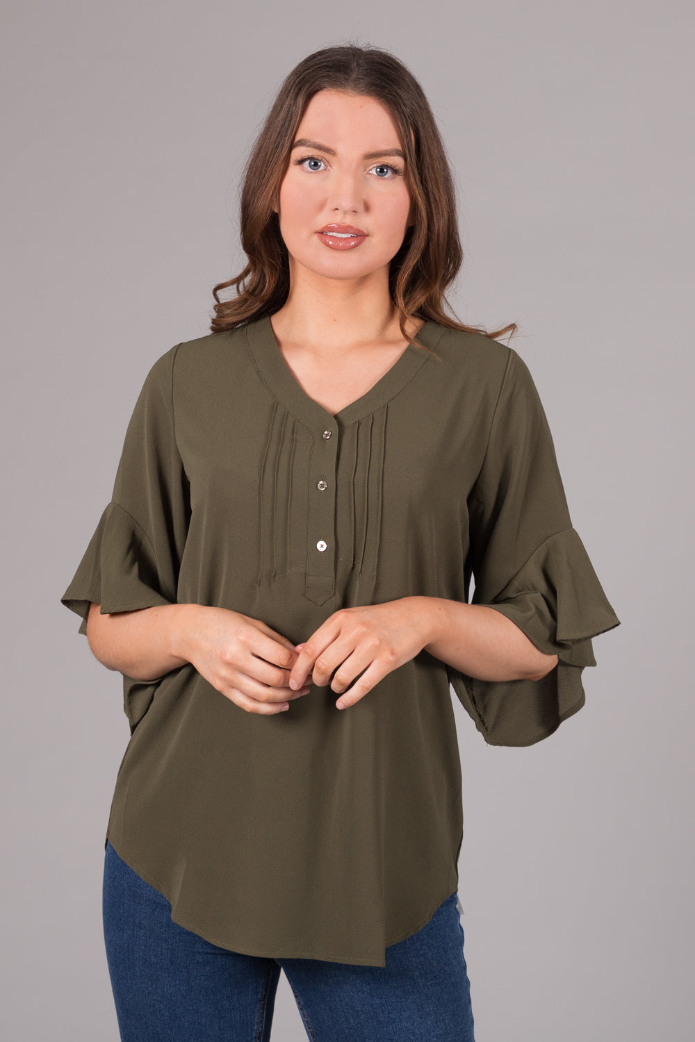 V-Neck Button Top - Khaki