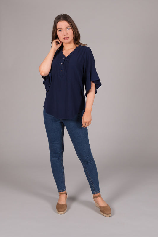 V-Neck Button Top - Navy