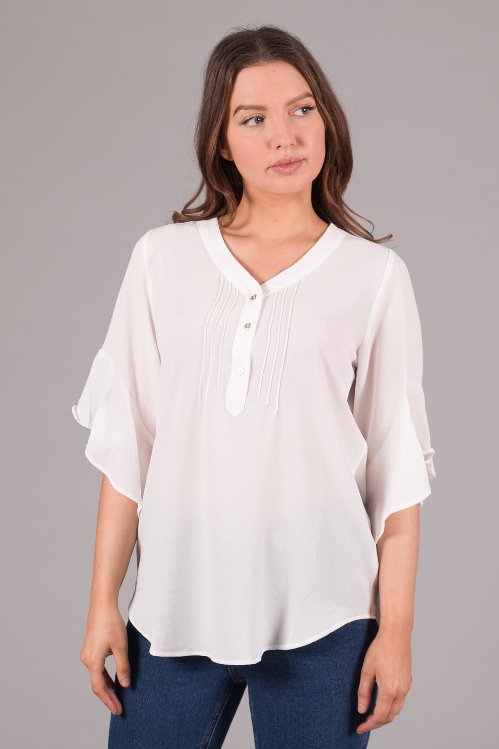 V-Neck Button Top - White