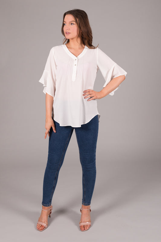 V-Neck Button Top - White