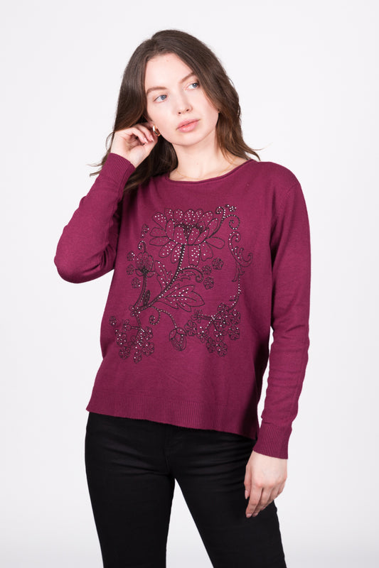 Floral Embellished Jumper - Plum