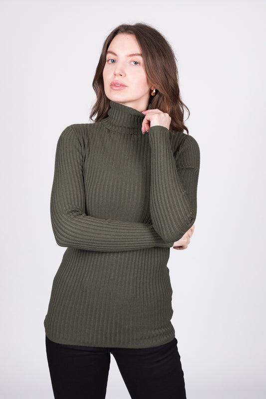 Ribbed High-Neck Jumper - Khaki