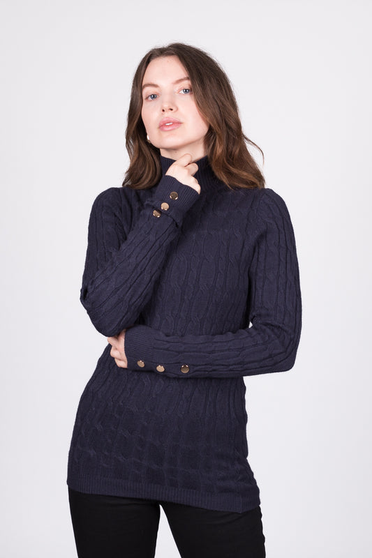 Classic Cable Knit Jumper with Gold Buttons - Navy