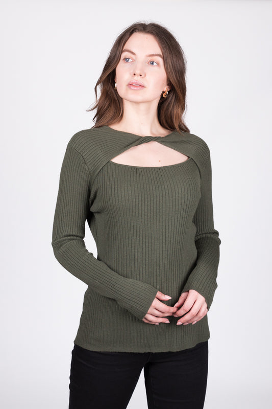 Twist Cut-Out Ribbed Top - Khaki