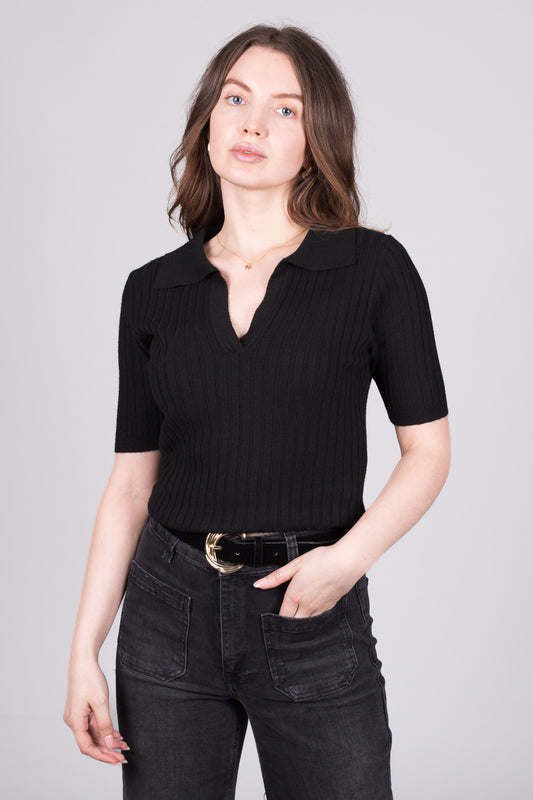 Ribbed Collared V-Neck Top - Black