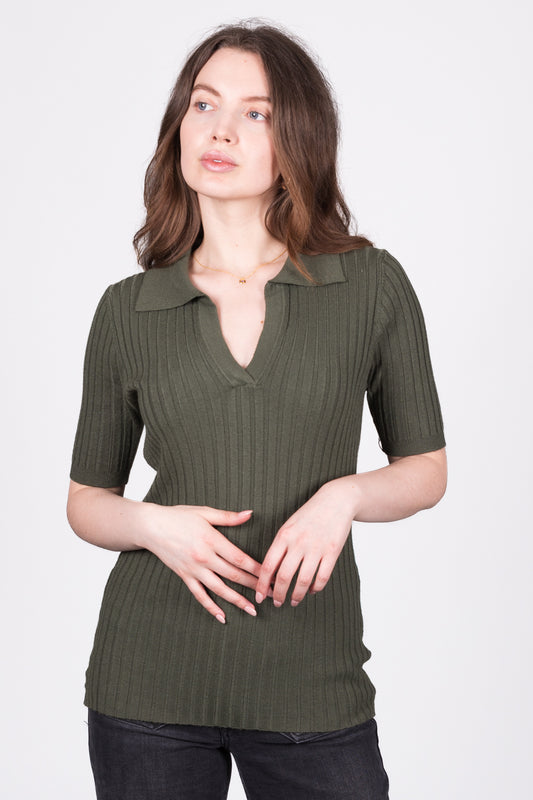 Ribbed Collared V-Neck Top - Khaki