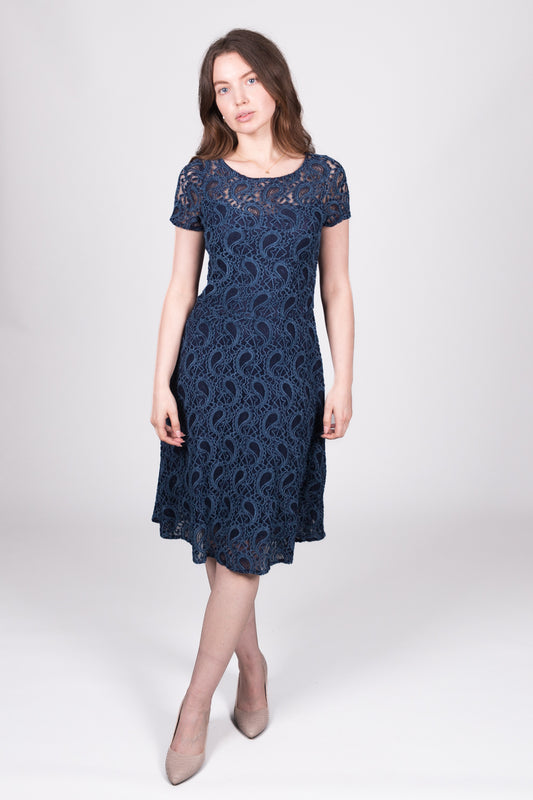 Two-Tone Lace Dress with Flared Skirt - Navy