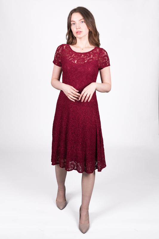 Two-Tone Lace Dress with Flared Skirt - Wine