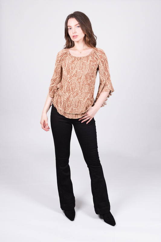 Abstract Print Flowy Bell Sleeve Top - Camel