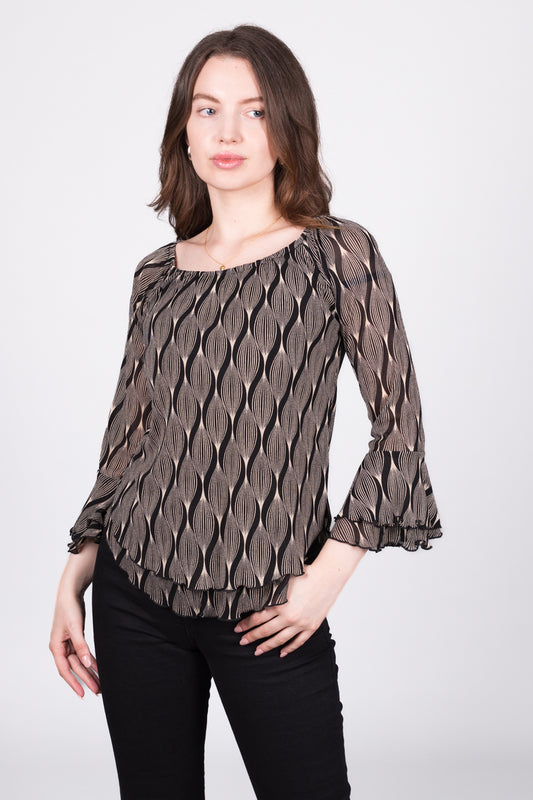Black and White Retro Print Long-Sleeve Top