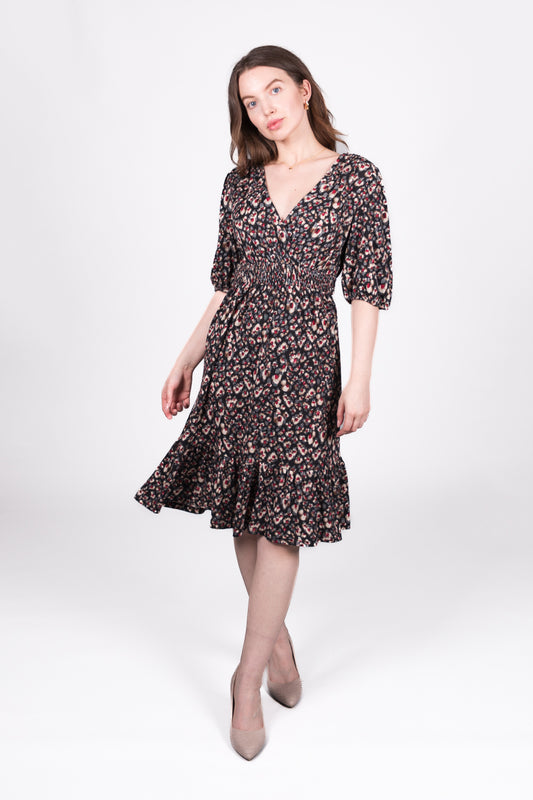 Smock Abstract Wrap Dress - Black