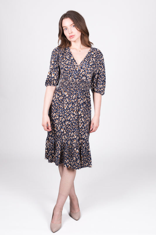 Smock Abstract Wrap Dress - Navy