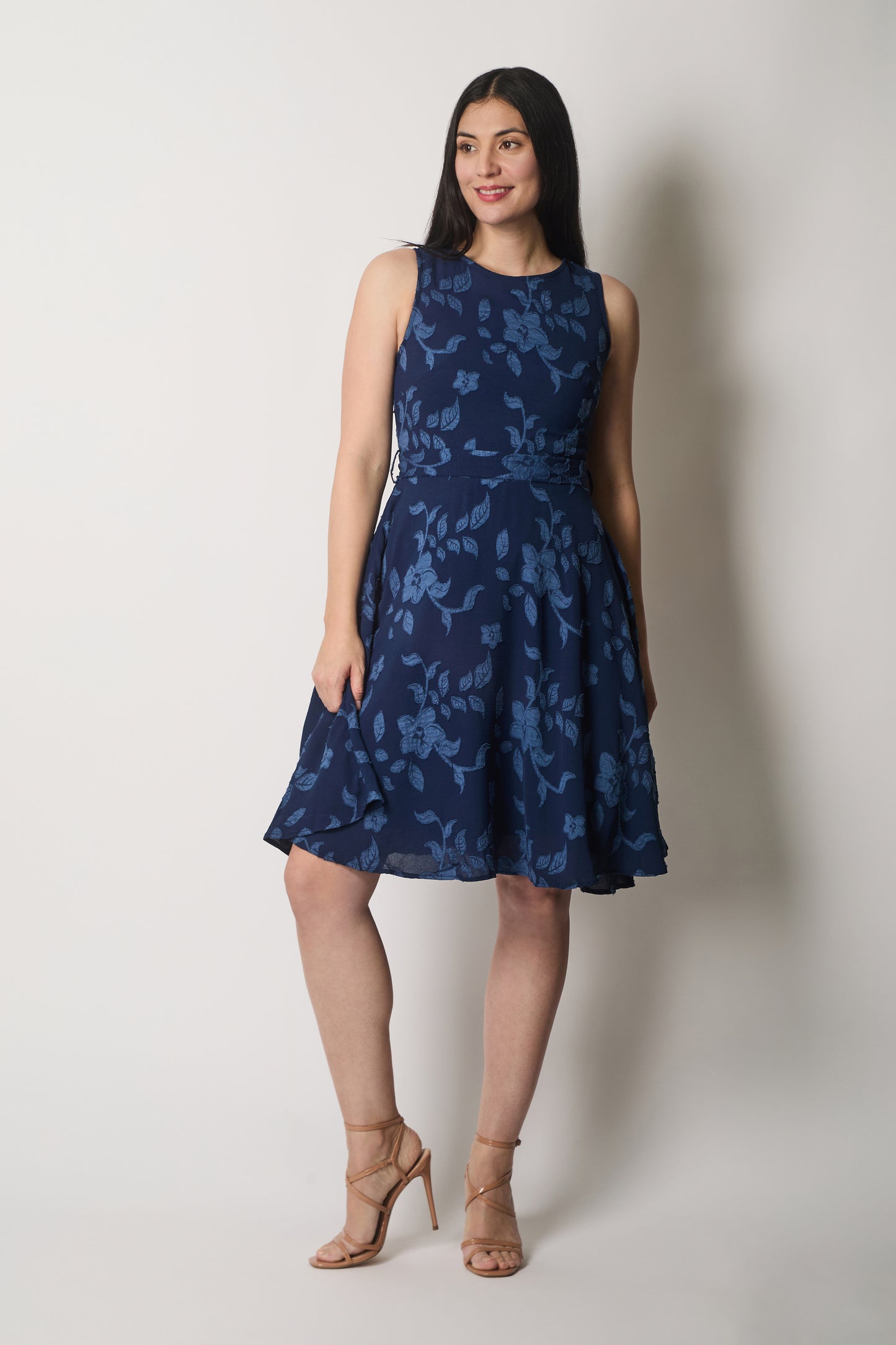 Floral Textured Sleeveless Dress - Navy