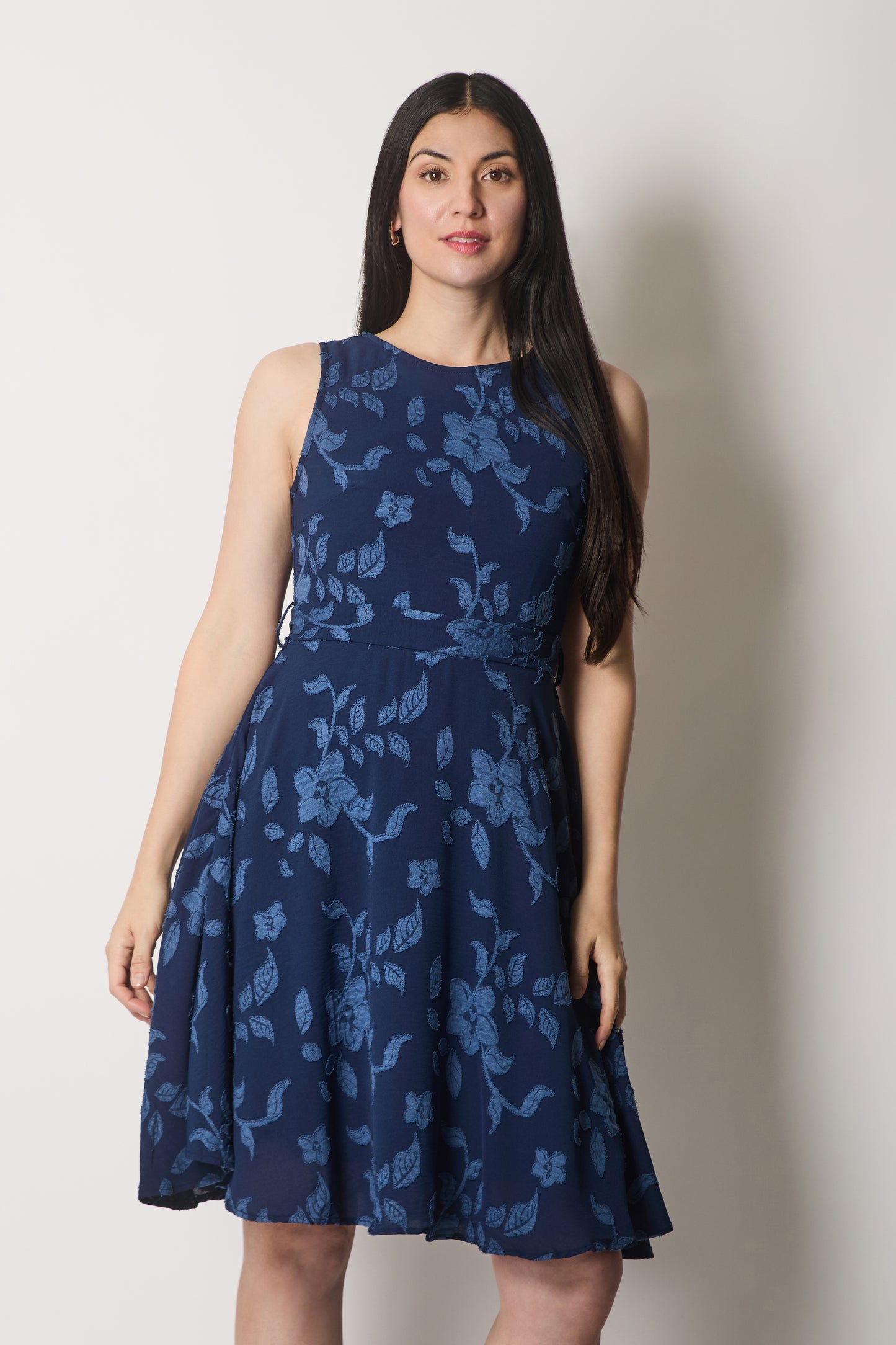 Floral Textured Sleeveless Dress - Navy