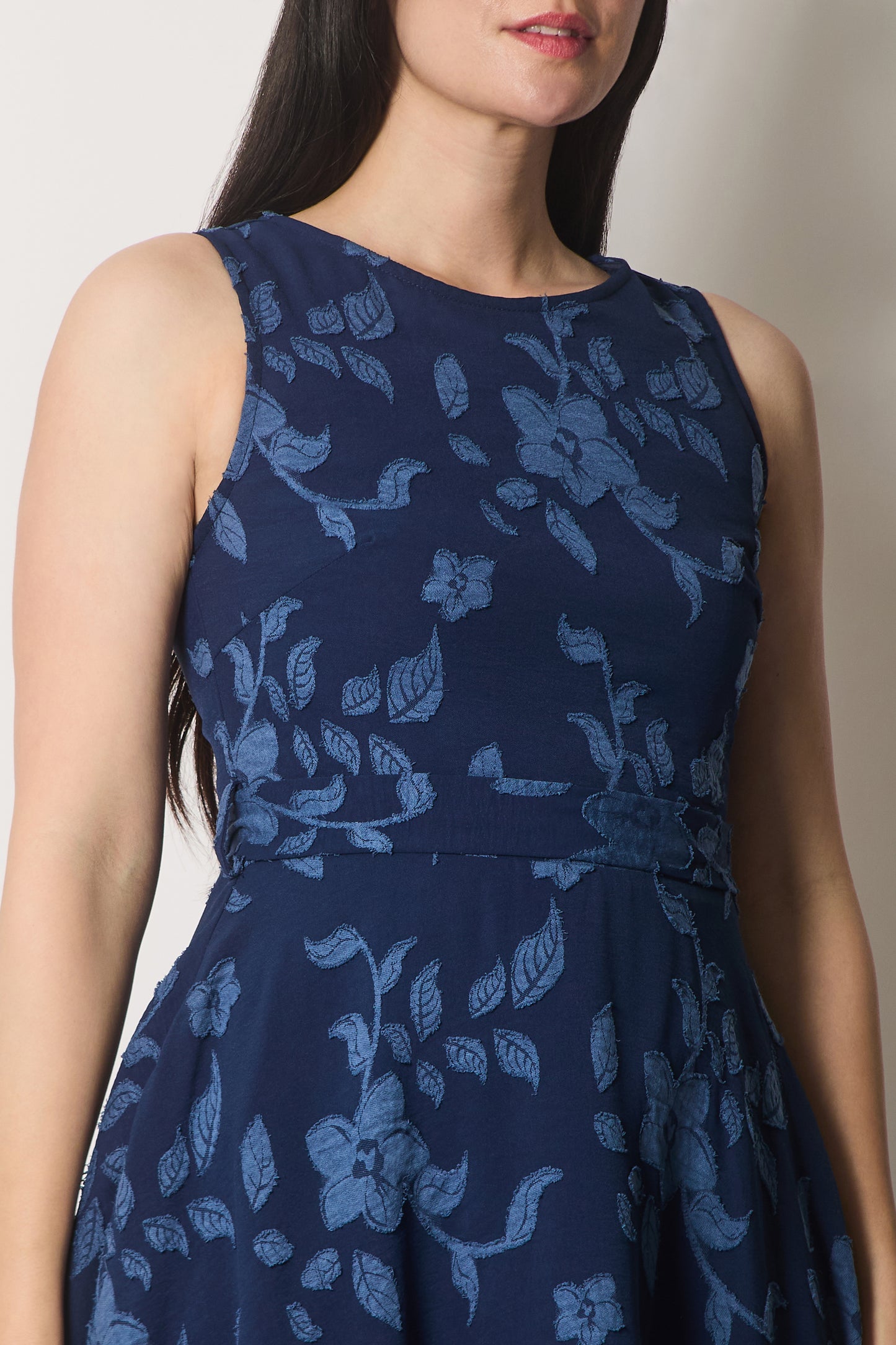 Floral Textured Sleeveless Dress - Navy
