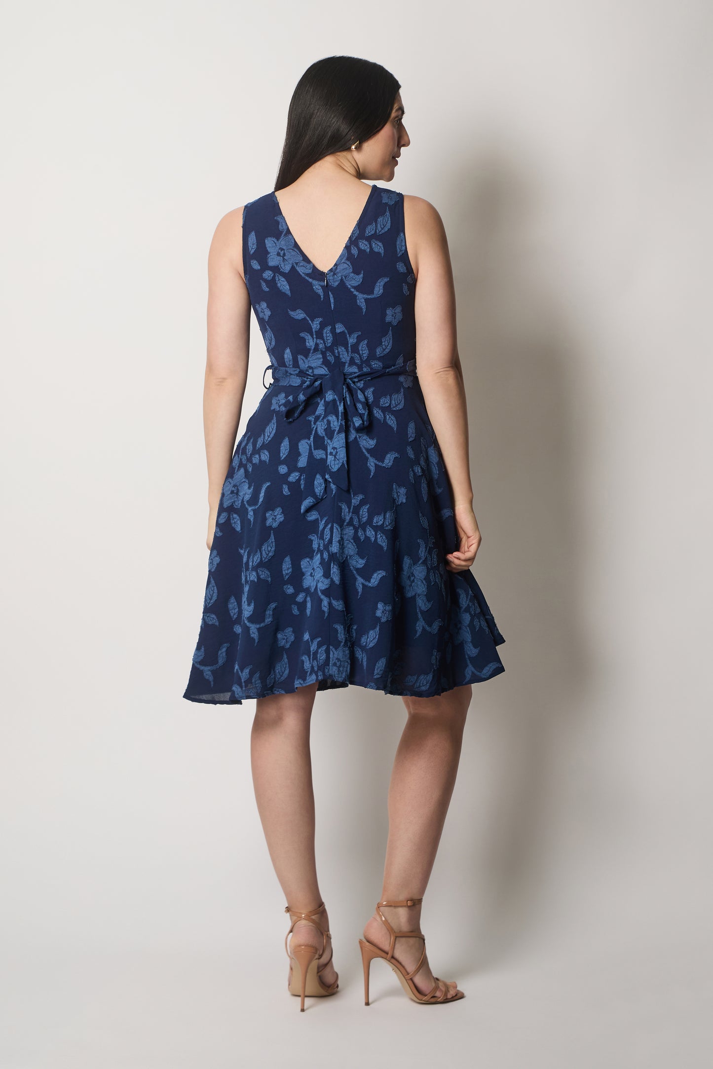 Floral Textured Sleeveless Dress - Navy