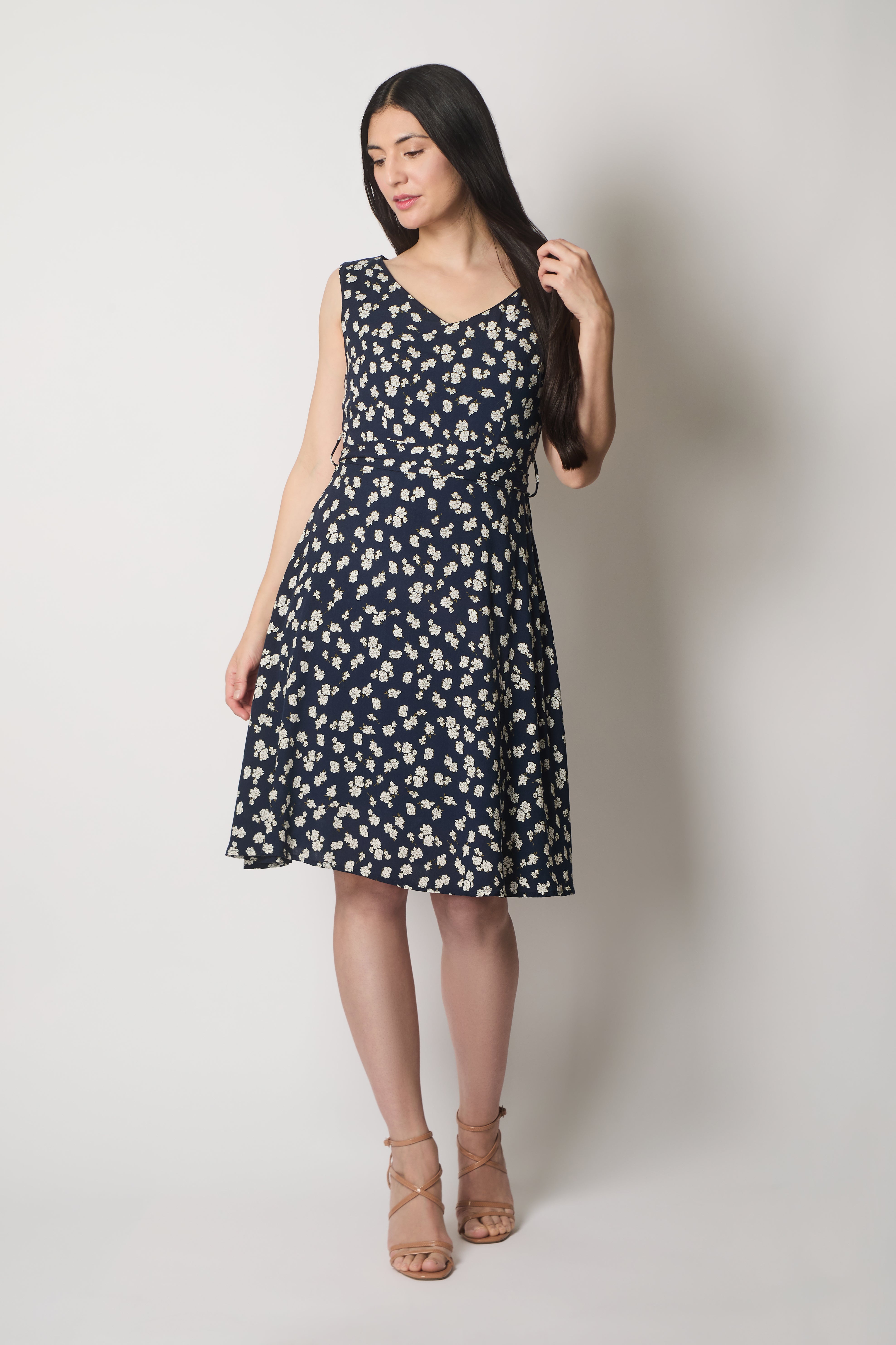 Floral Print V-Neck Fit & Flare Dress - Navy