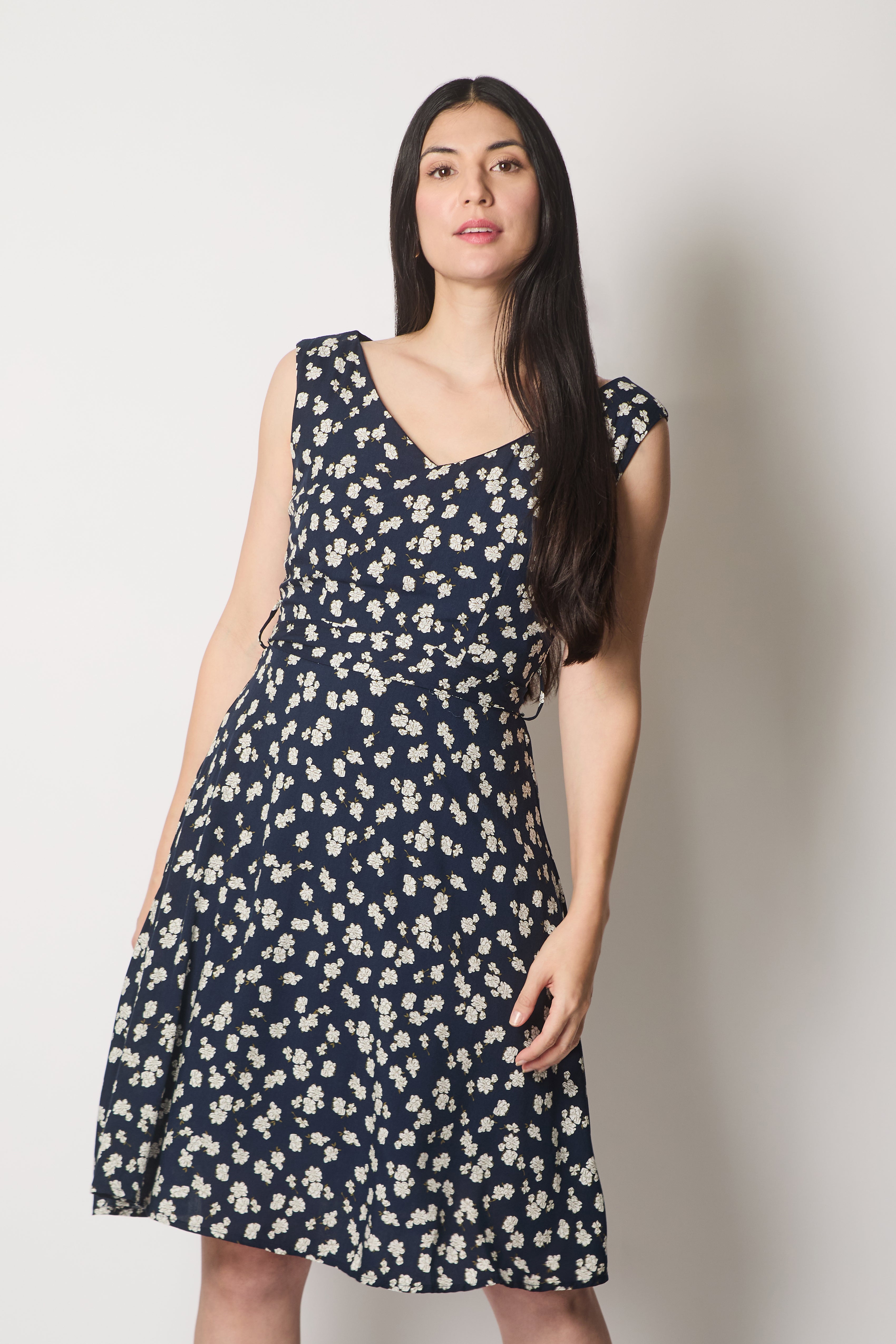 Floral Print V-Neck Fit & Flare Dress - Navy