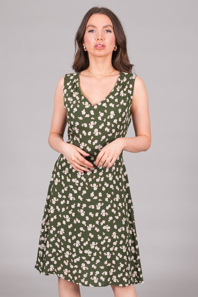 Floral Print V-Neck Fit & Flare Dress - Green