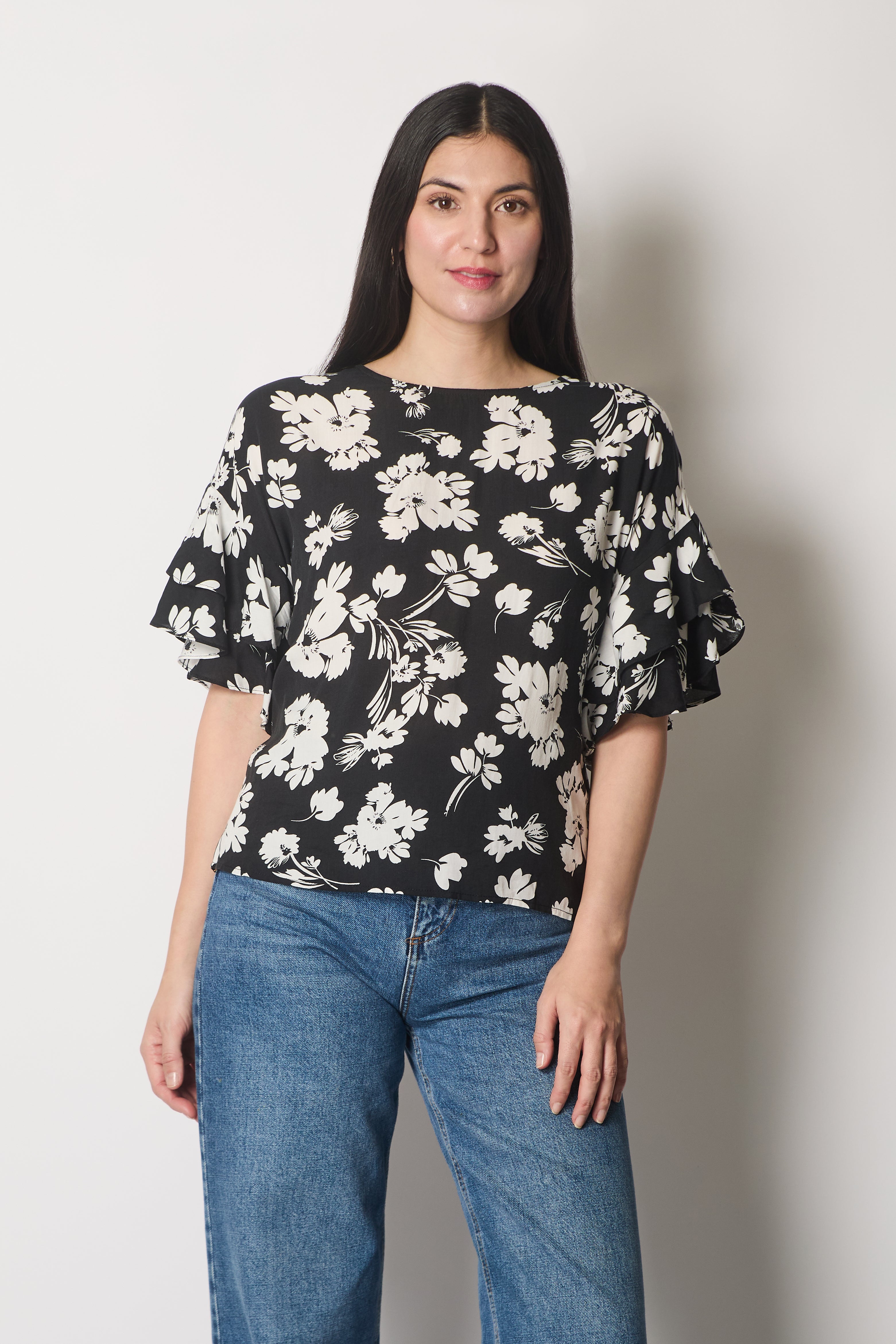 Floral Print Top with Layered Sleeves - Black