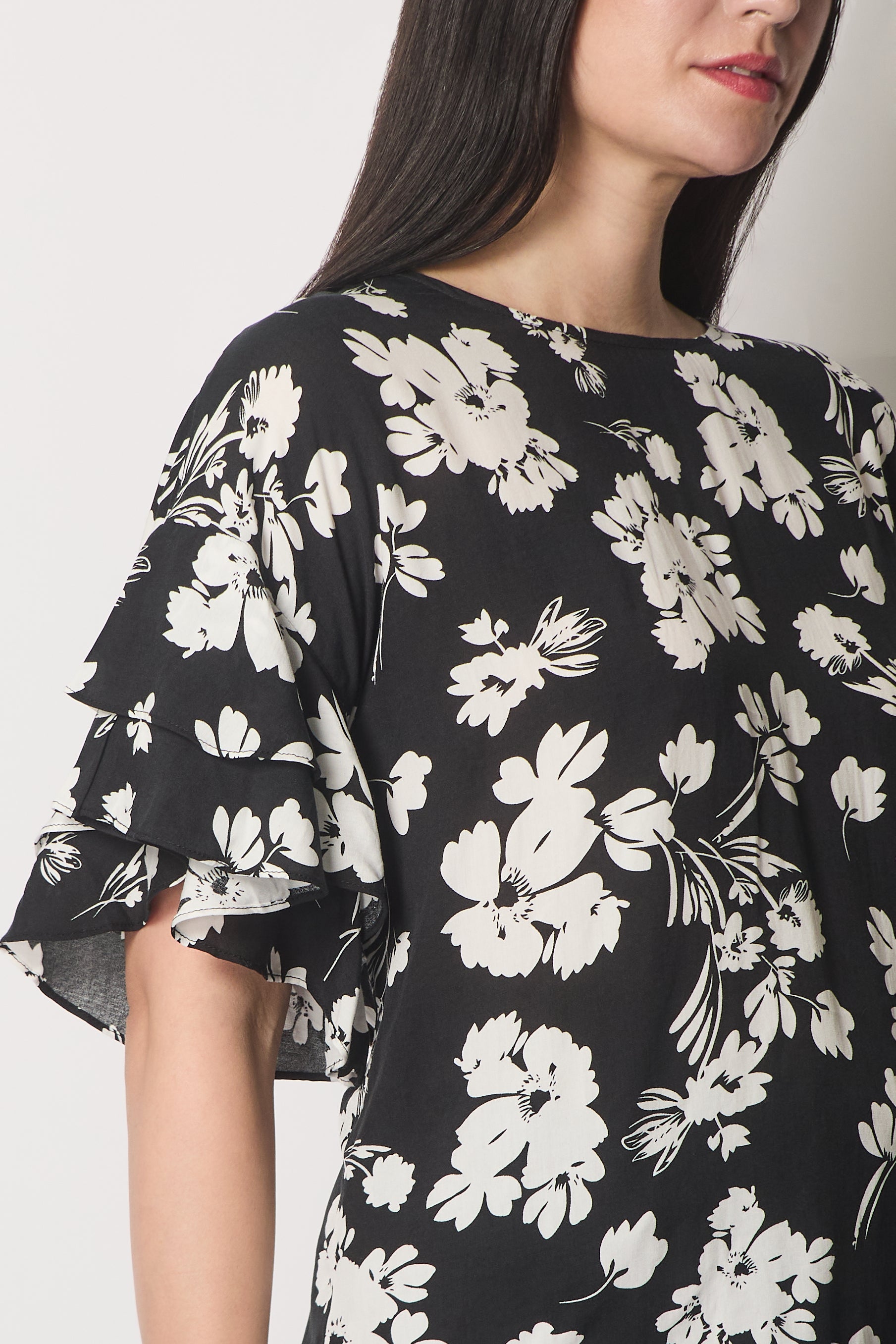 Floral Print Top with Layered Sleeves - Black