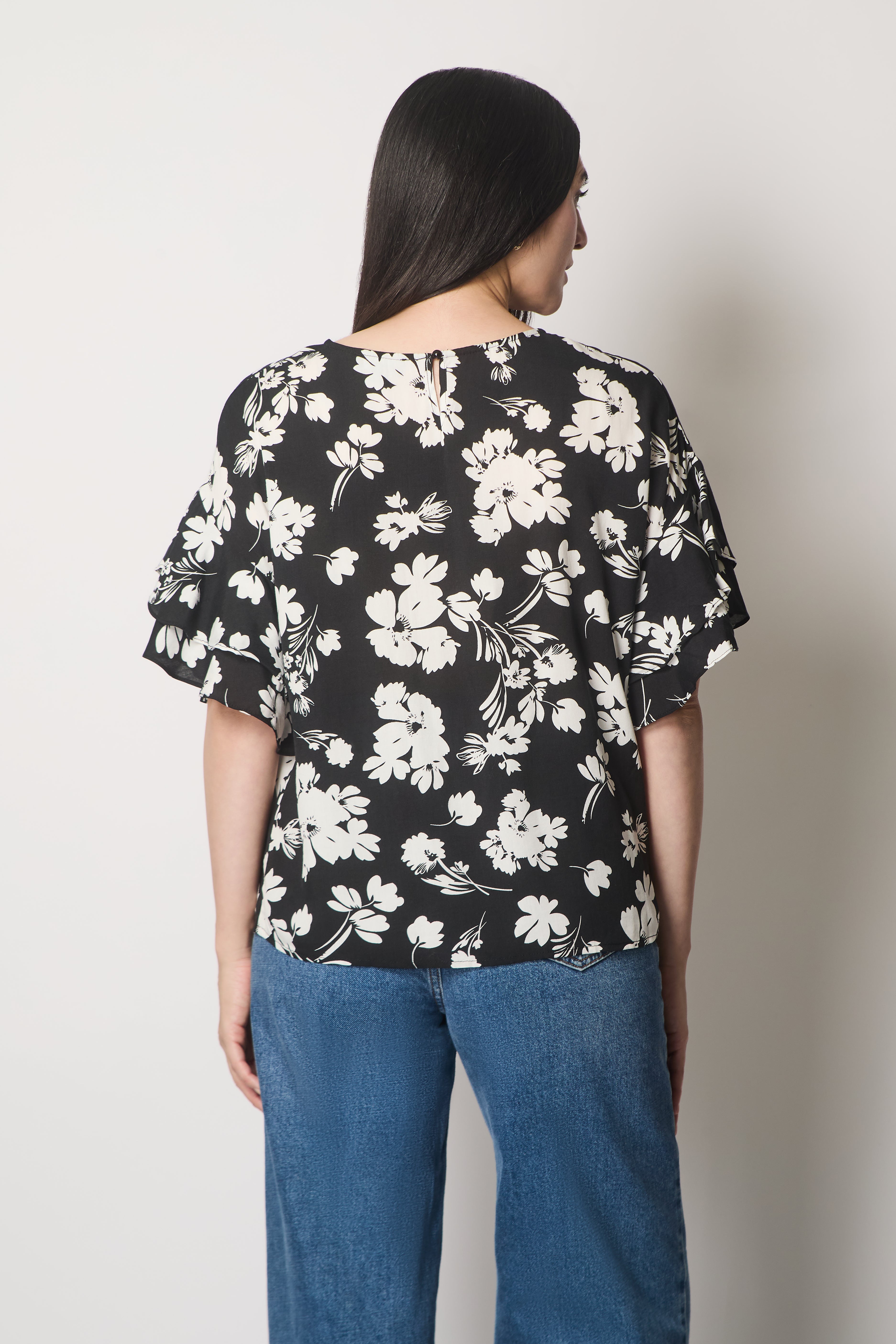 Floral Print Top with Layered Sleeves - Black