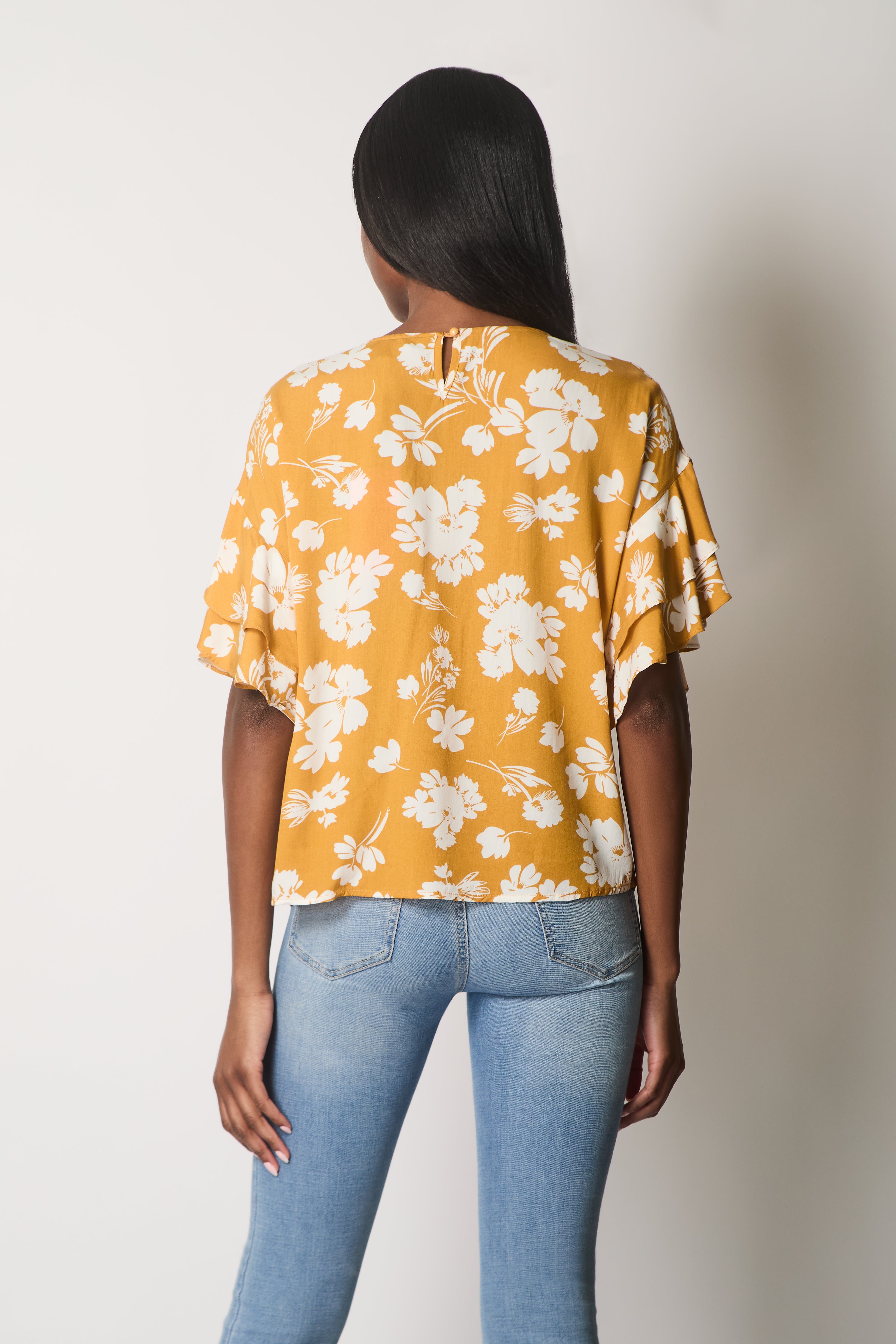 Floral Print Top with Layered Sleeves - Mustard