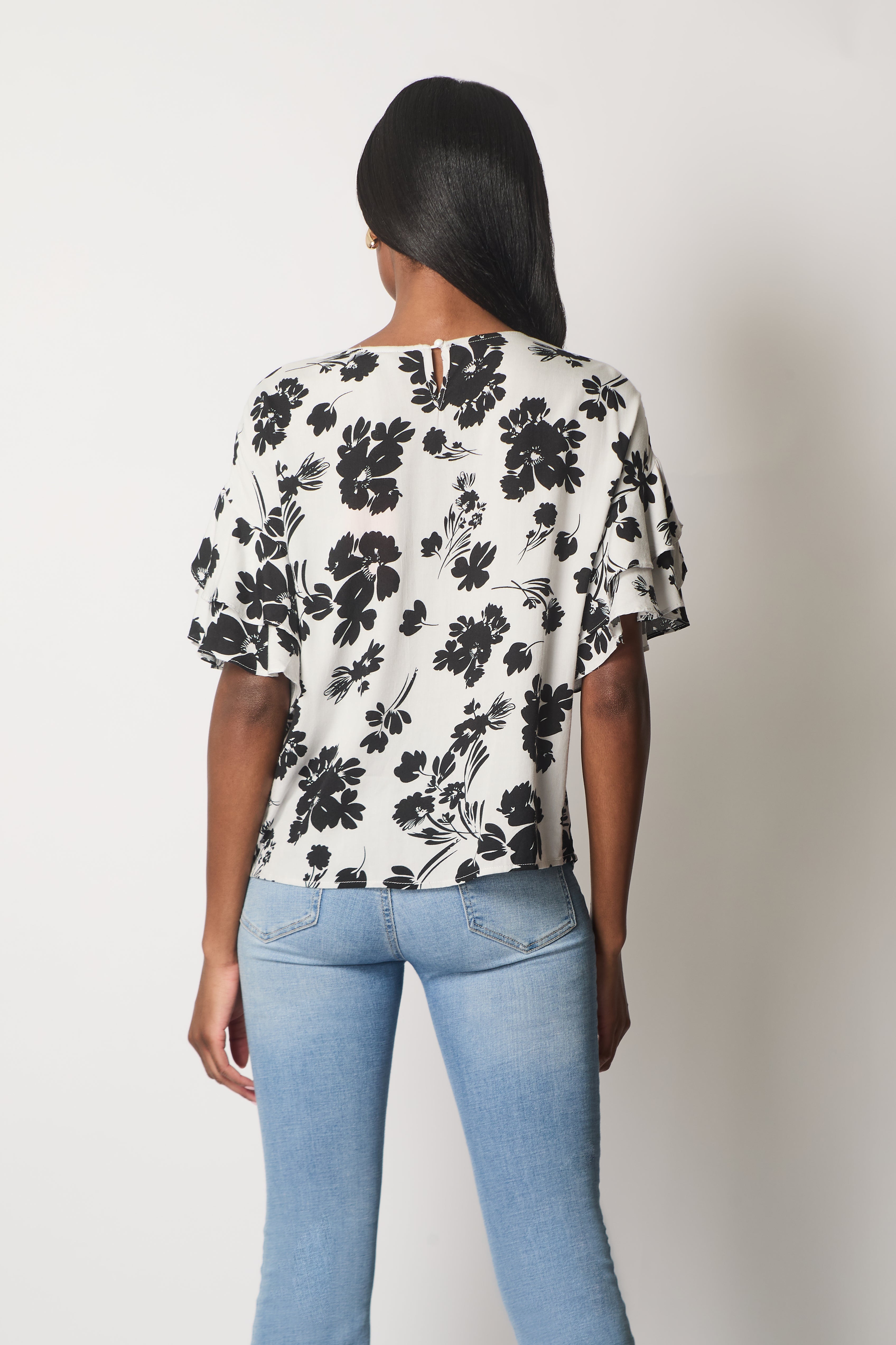 Floral Print Top with Layered Sleeves - White