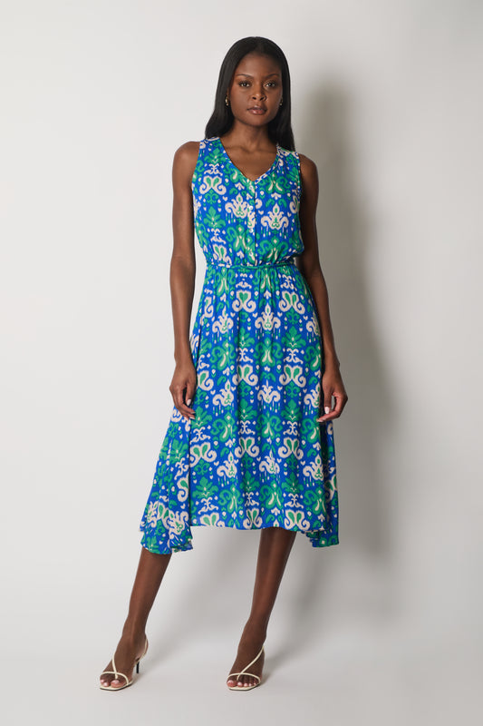 Sleeveless V-Neck Abstract Print Dress with Waist Tie - Blue