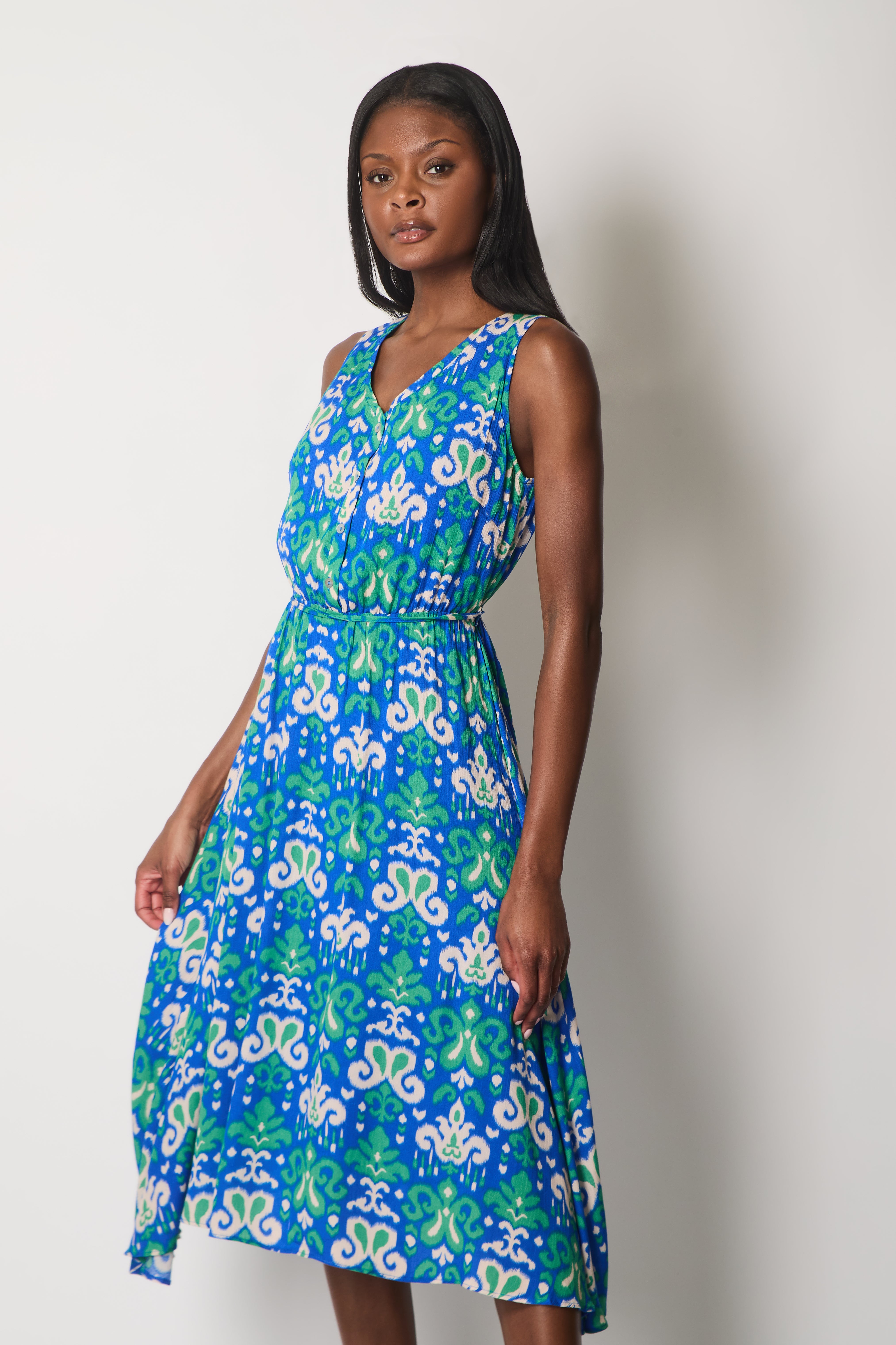 Sleeveless V-Neck Abstract Print Dress with Waist Tie - Blue