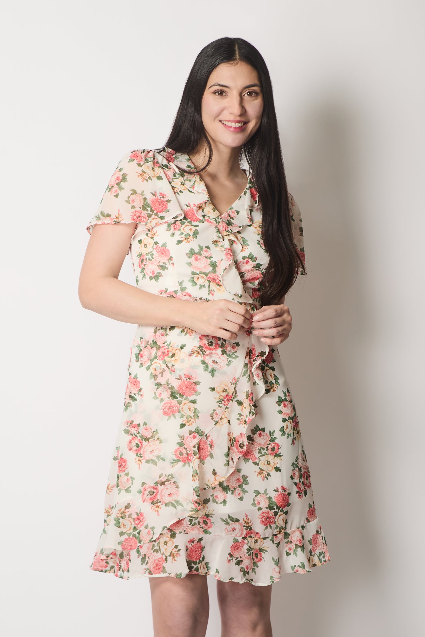 Floral Print Ruffle Wrap Dress - White