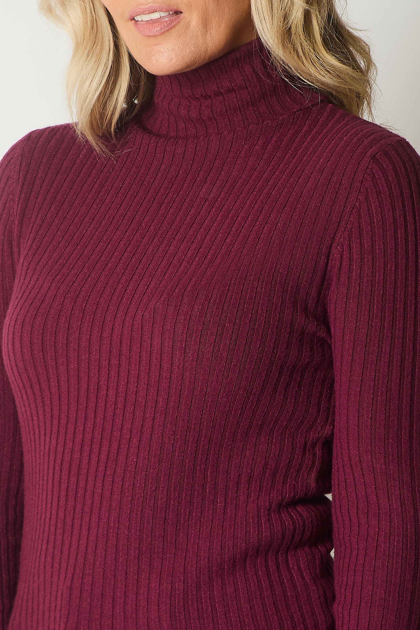 Ribbed Polo Neck Jumper - Plum